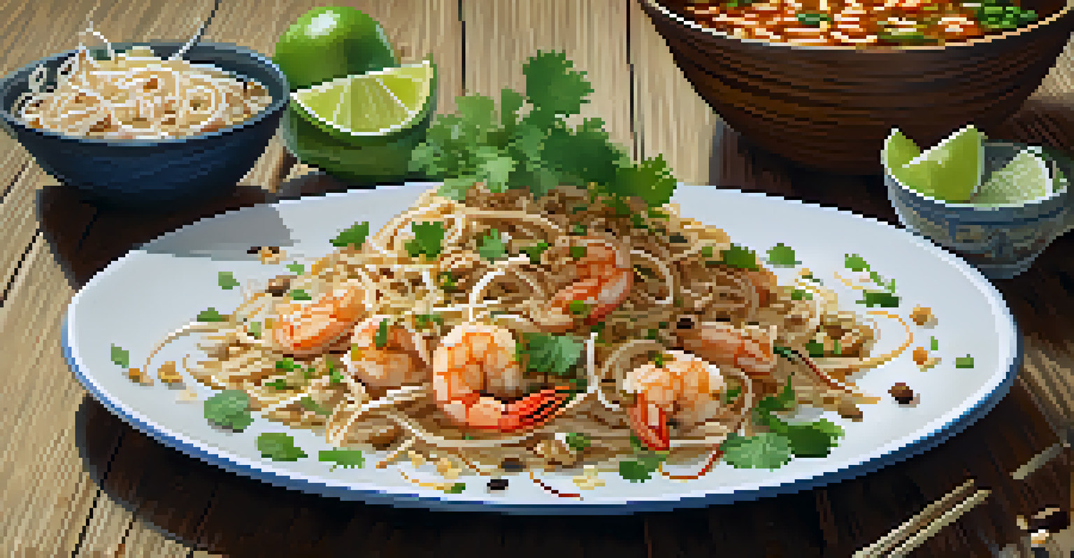 A colorful plate of Pad Thai, featuring stir-fried noodles, shrimp, and garnishes, presented on a wooden table.