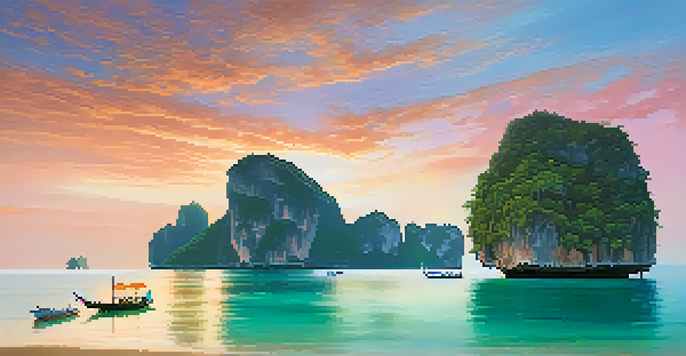 A serene sunrise over turquoise waters with limestone cliffs and a boat in the foreground.