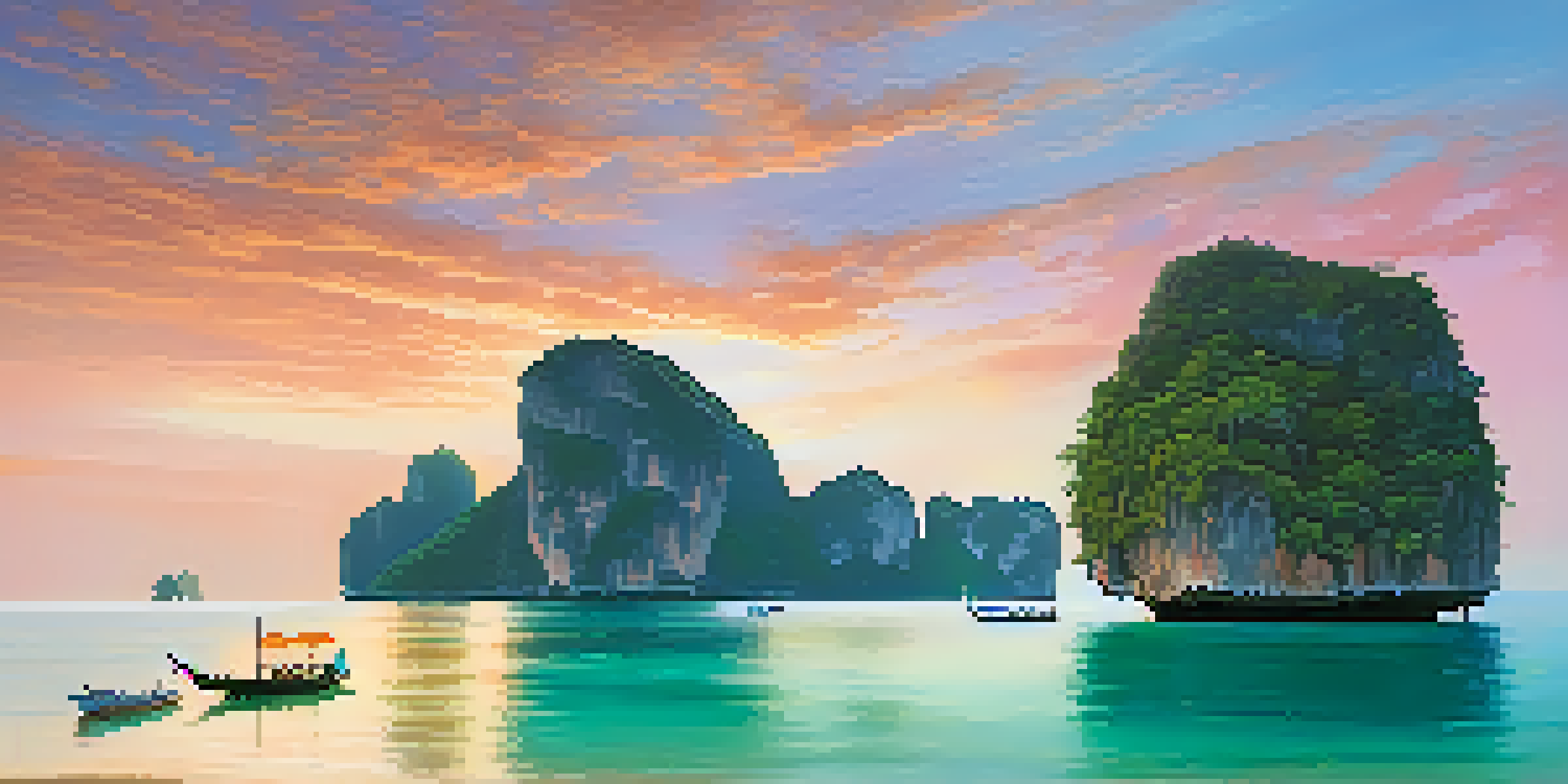 A serene sunrise over turquoise waters with limestone cliffs and a boat in the foreground.