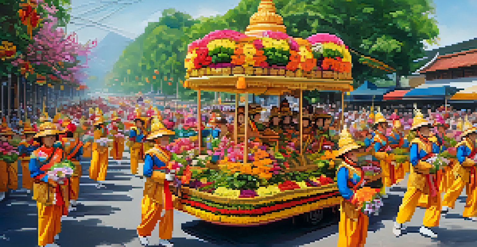 A colorful parade during the Chiang Mai Flower Festival, with beautiful flower floats and dancers, surrounded by excited spectators.
