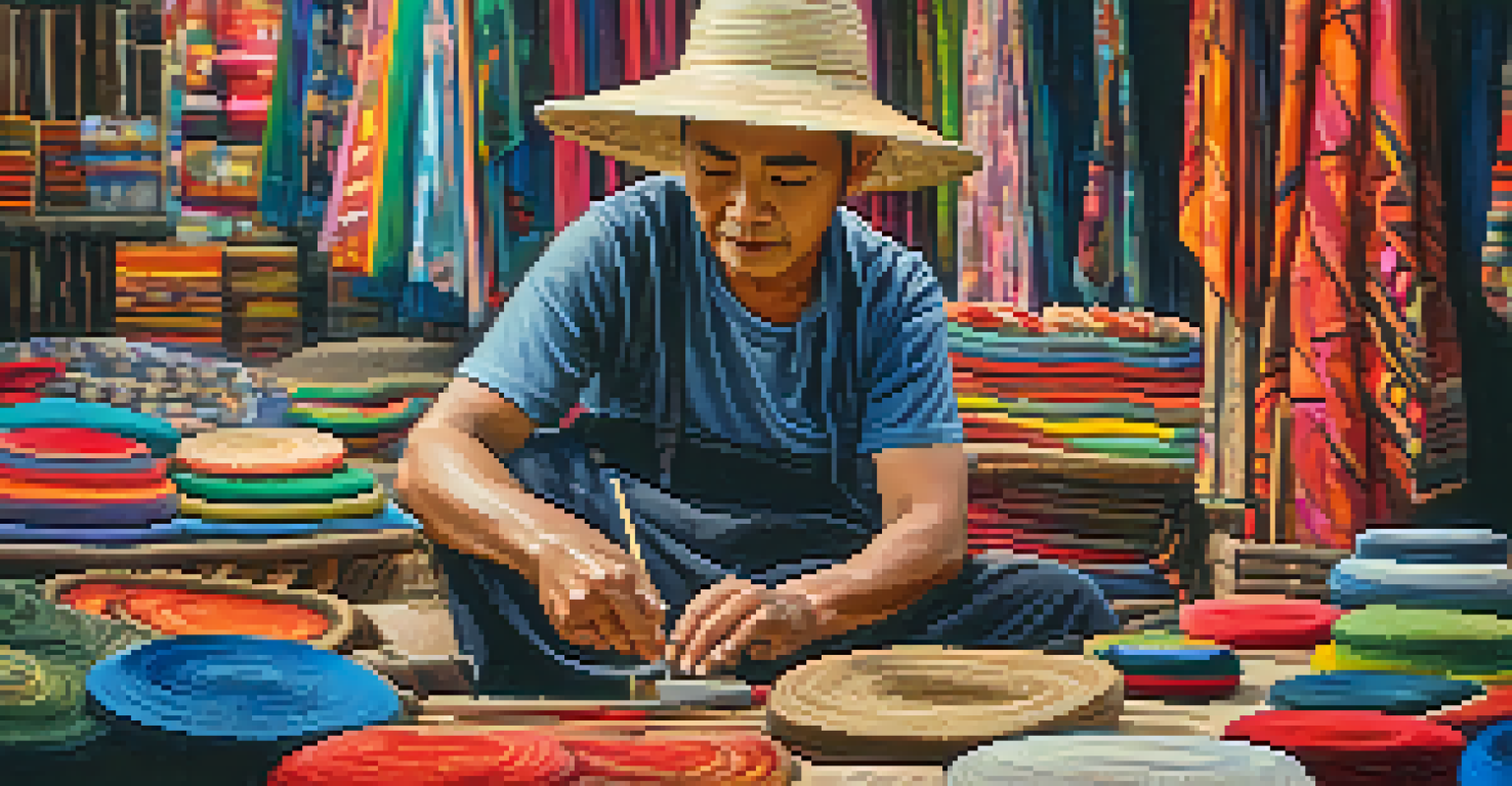 An artisan creating handmade crafts in a Chiang Mai market, surrounded by colorful fabrics and unique items.