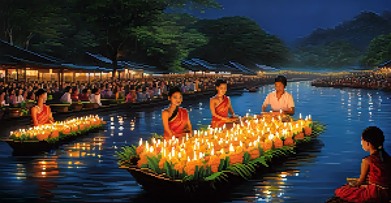 A magical night scene of the Loy Krathong festival in Thailand, featuring numerous krathongs with candles floating on a calm river, surrounded by people celebrating and enjoying traditional music.