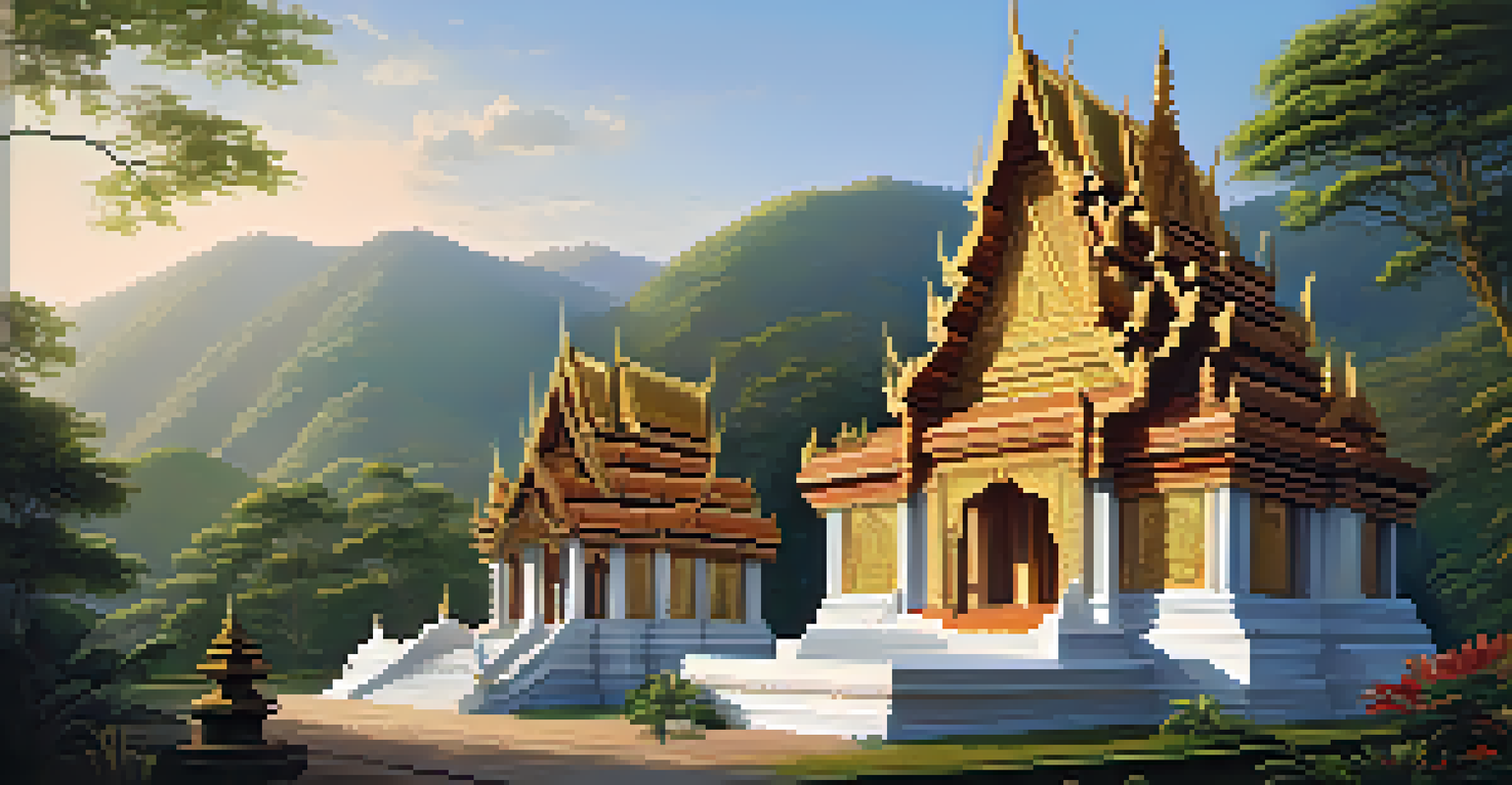 A tranquil scene of a Lanna temple surrounded by mountains, illuminated by the sunset, showcasing its intricate architecture.