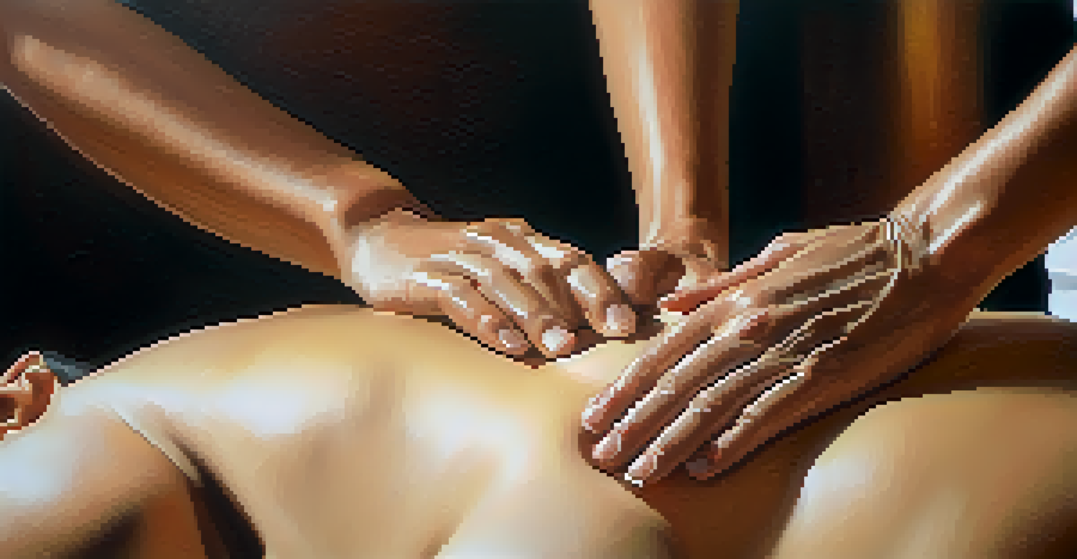 A close-up of hands applying acupressure on a person's back during a Thai massage, showcasing the gentle technique and soothing atmosphere.