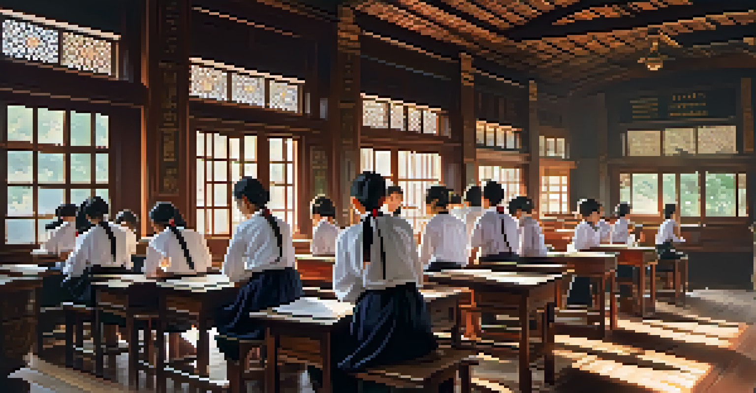 A historical Thai classroom with students in traditional clothing and a teacher using a chalkboard, illuminated by sunlight.
