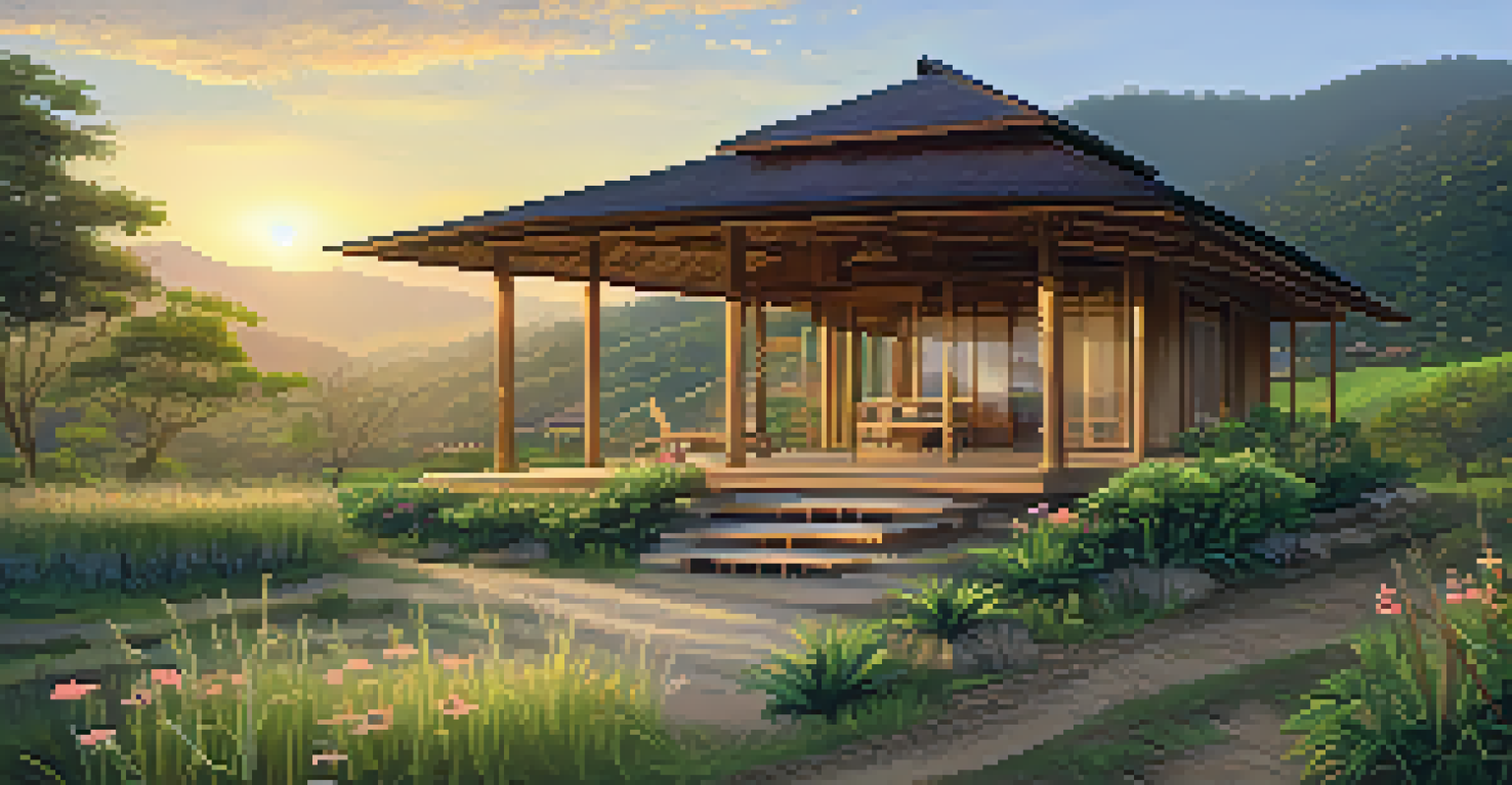 An eco-lodge in Pai, Thailand, surrounded by hills and wildflowers, showcasing a sunset view and an organic garden.