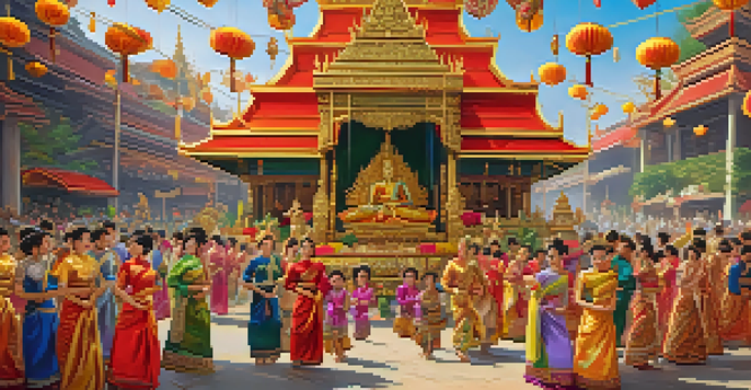 A lively festival scene with people wearing colorful traditional Thai clothing, surrounded by floral decorations and warm lighting.