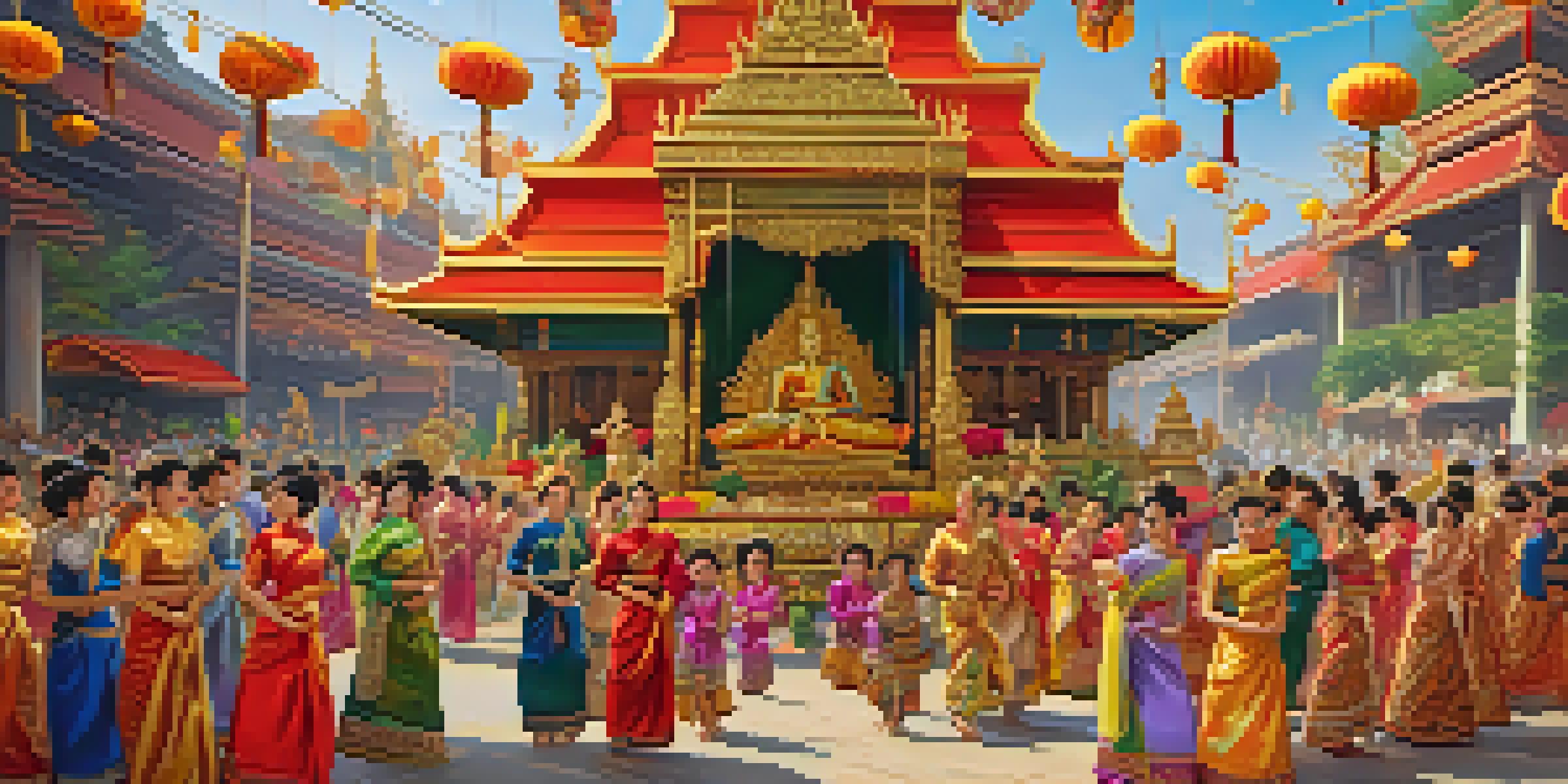 A lively festival scene with people wearing colorful traditional Thai clothing, surrounded by floral decorations and warm lighting.