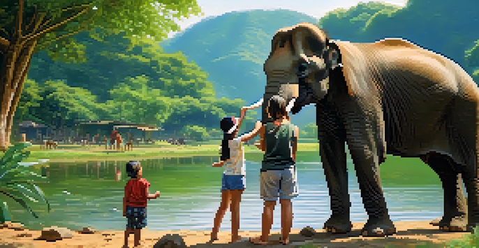 A family feeding an elephant in a lush green park with a river in the background.