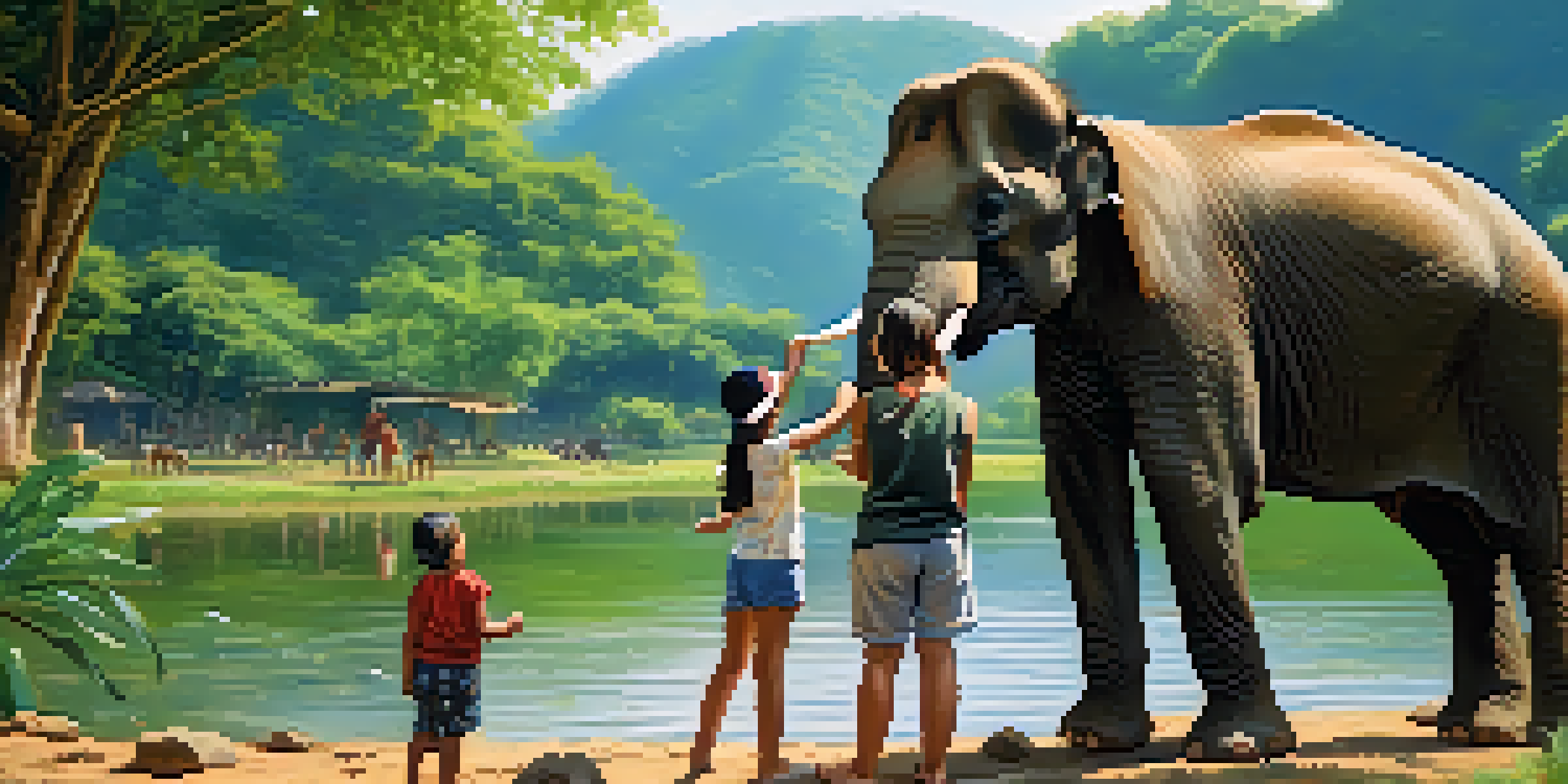 A family feeding an elephant in a lush green park with a river in the background.