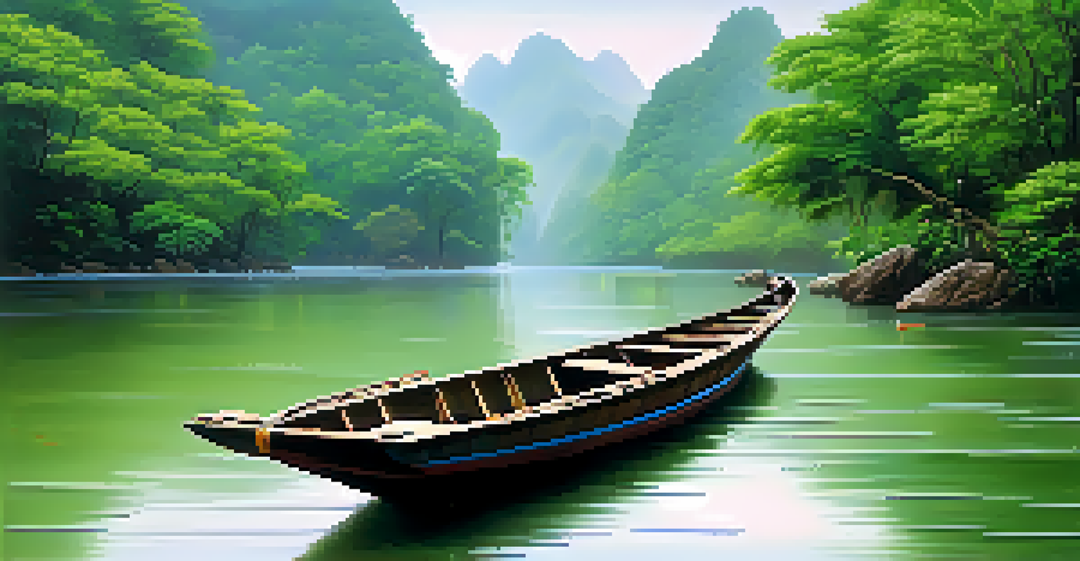 A peaceful view of a Thai river during the rainy season, with misty hills, vibrant greenery, and colorful birds.