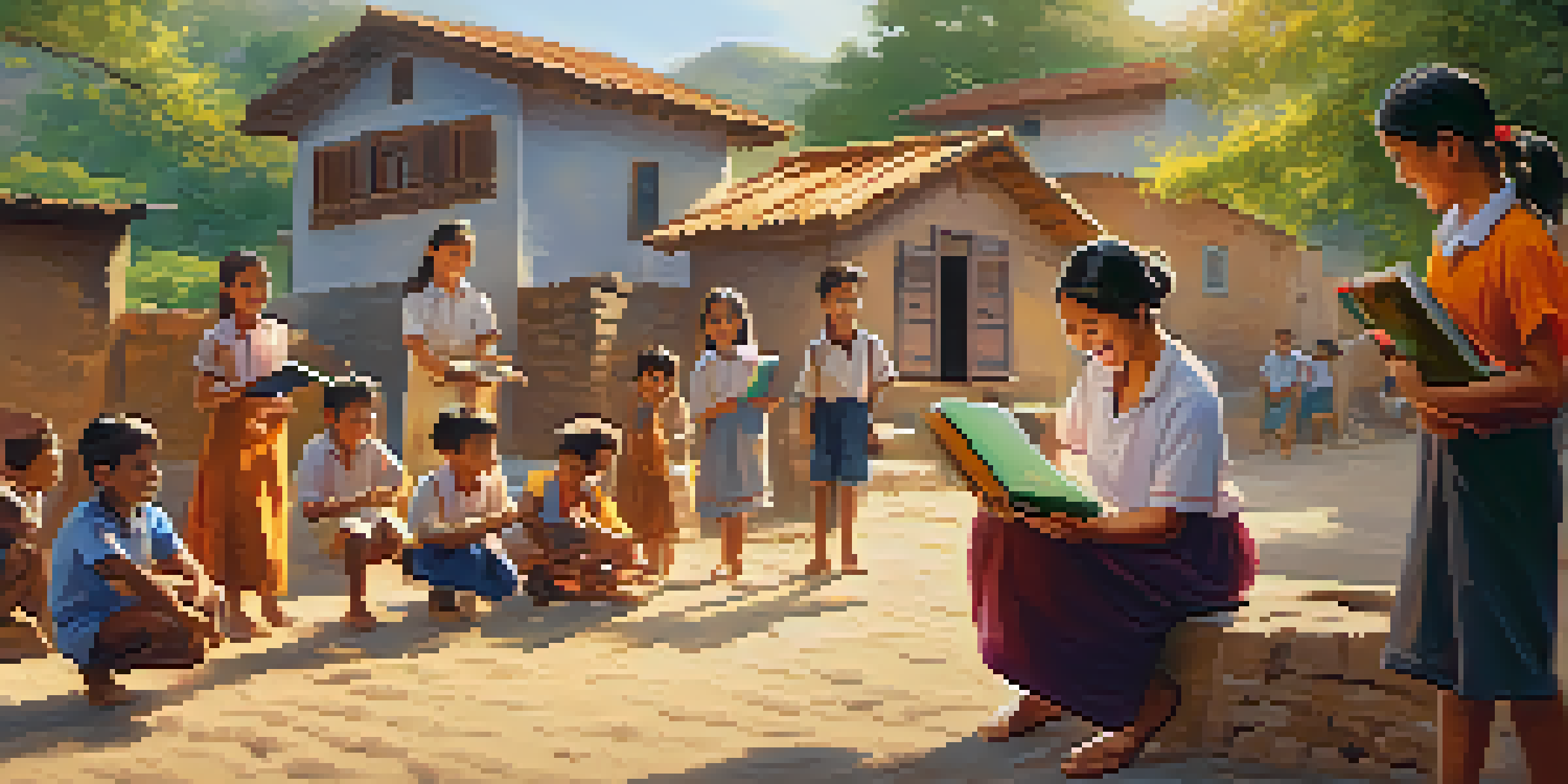A volunteer teaching English to smiling children in a colorful village, surrounded by traditional houses and warm sunlight.