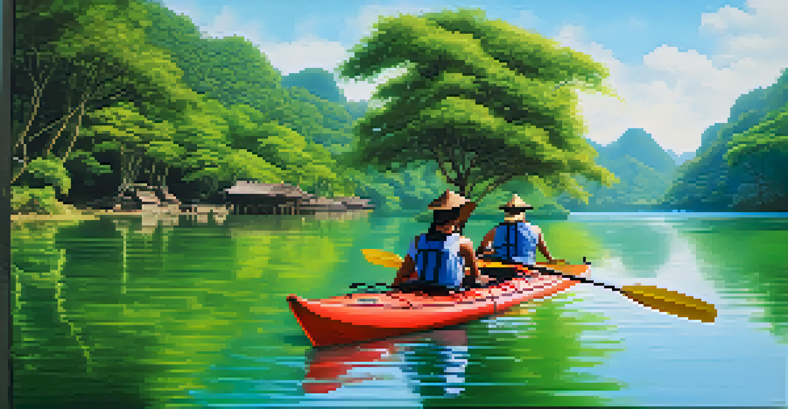 A traveler kayaking on a Thai river, surrounded by lush greenery and a scenic backdrop of nature and a temple.