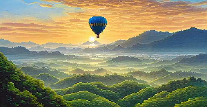A colorful hot air balloon floating over green jungles and hills at sunrise in Chiang Mai, Thailand.