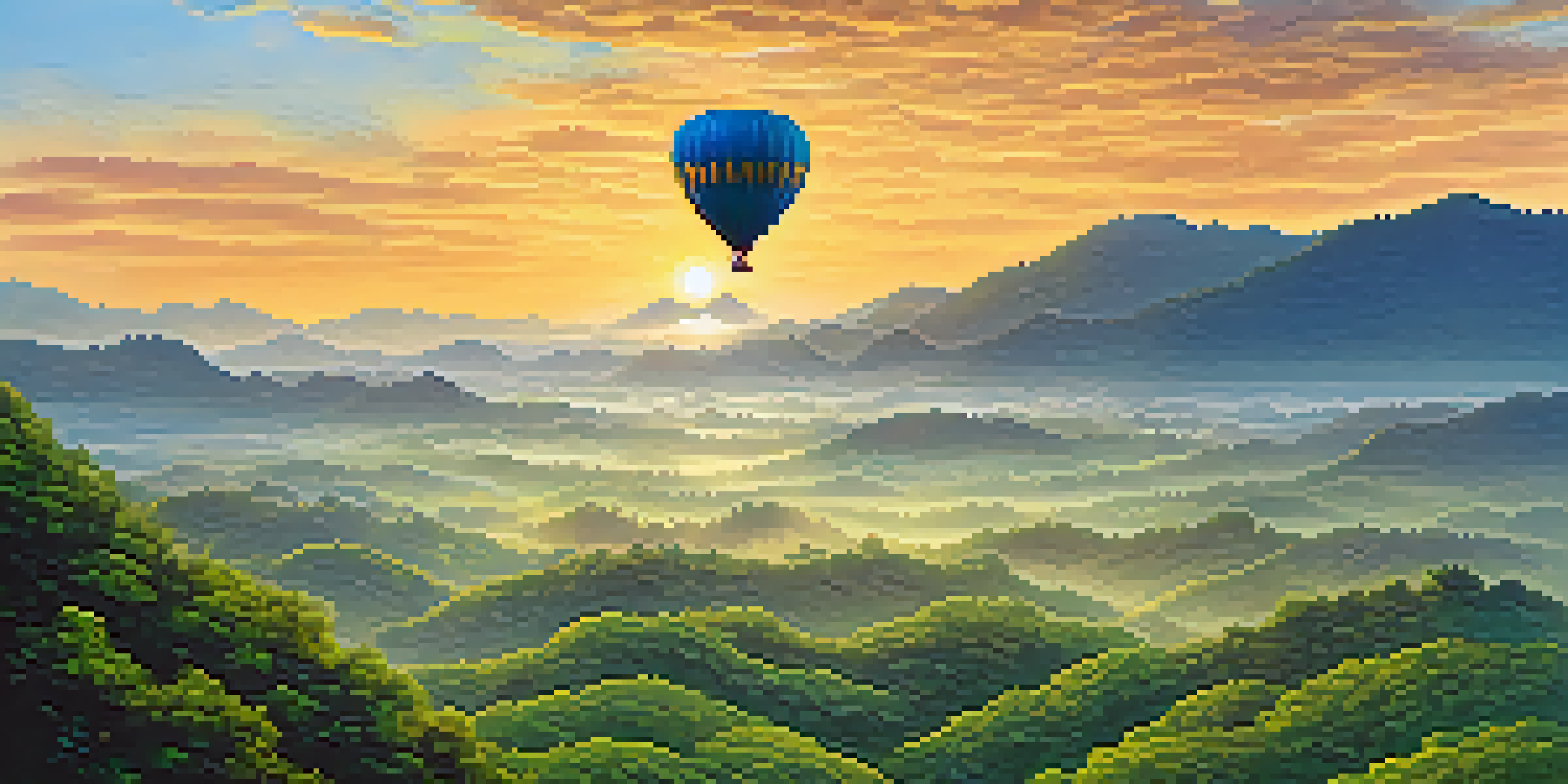 A colorful hot air balloon floating over green jungles and hills at sunrise in Chiang Mai, Thailand.