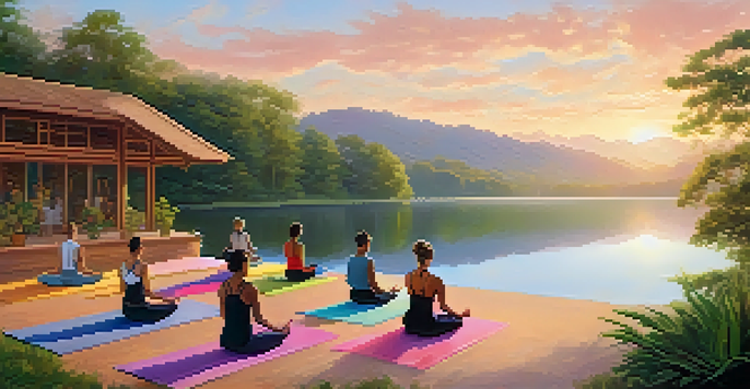 A peaceful outdoor yoga class at sunrise with participants on colorful mats surrounded by lush greenery and a calm lake.