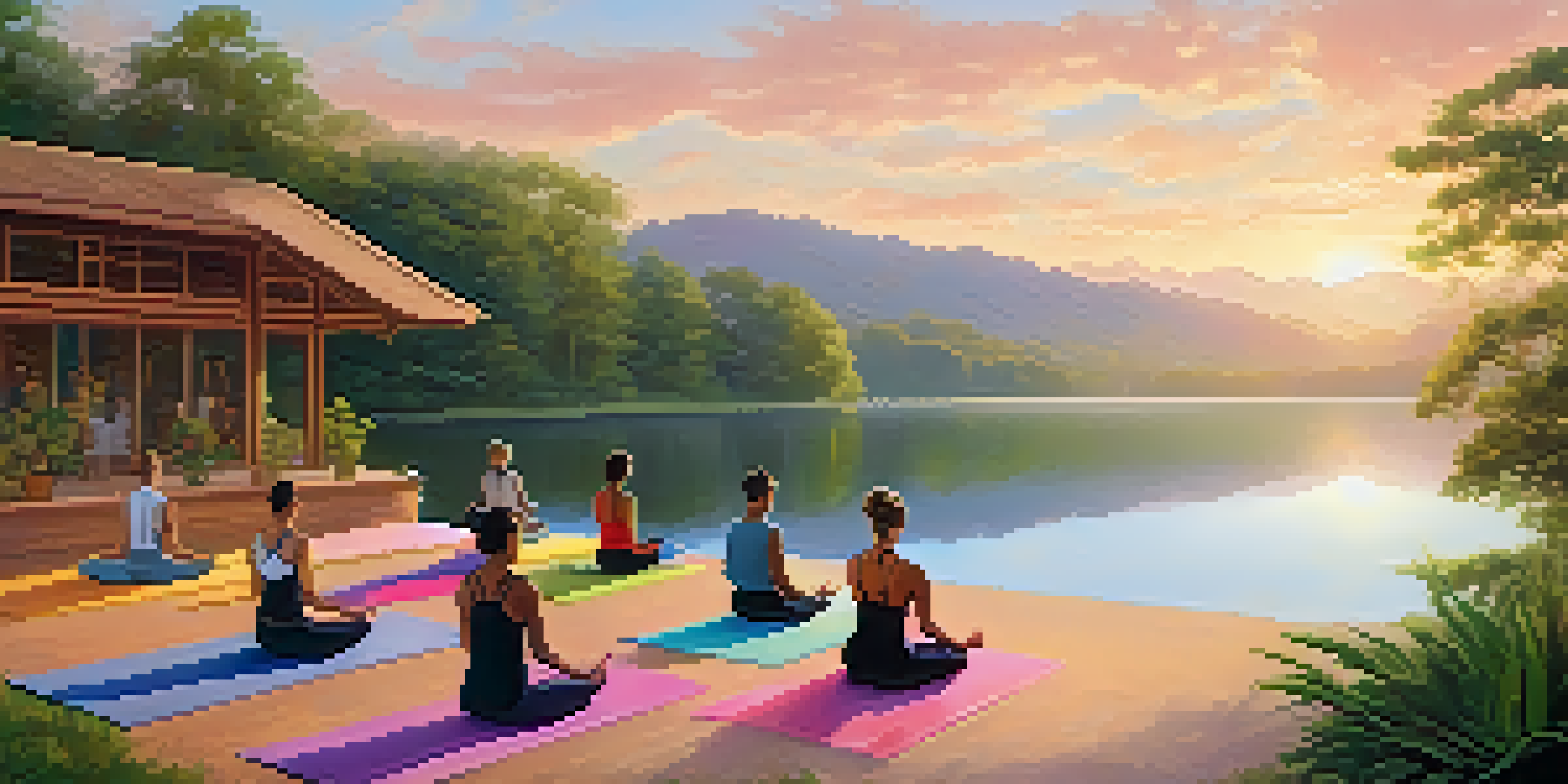 A peaceful outdoor yoga class at sunrise with participants on colorful mats surrounded by lush greenery and a calm lake.