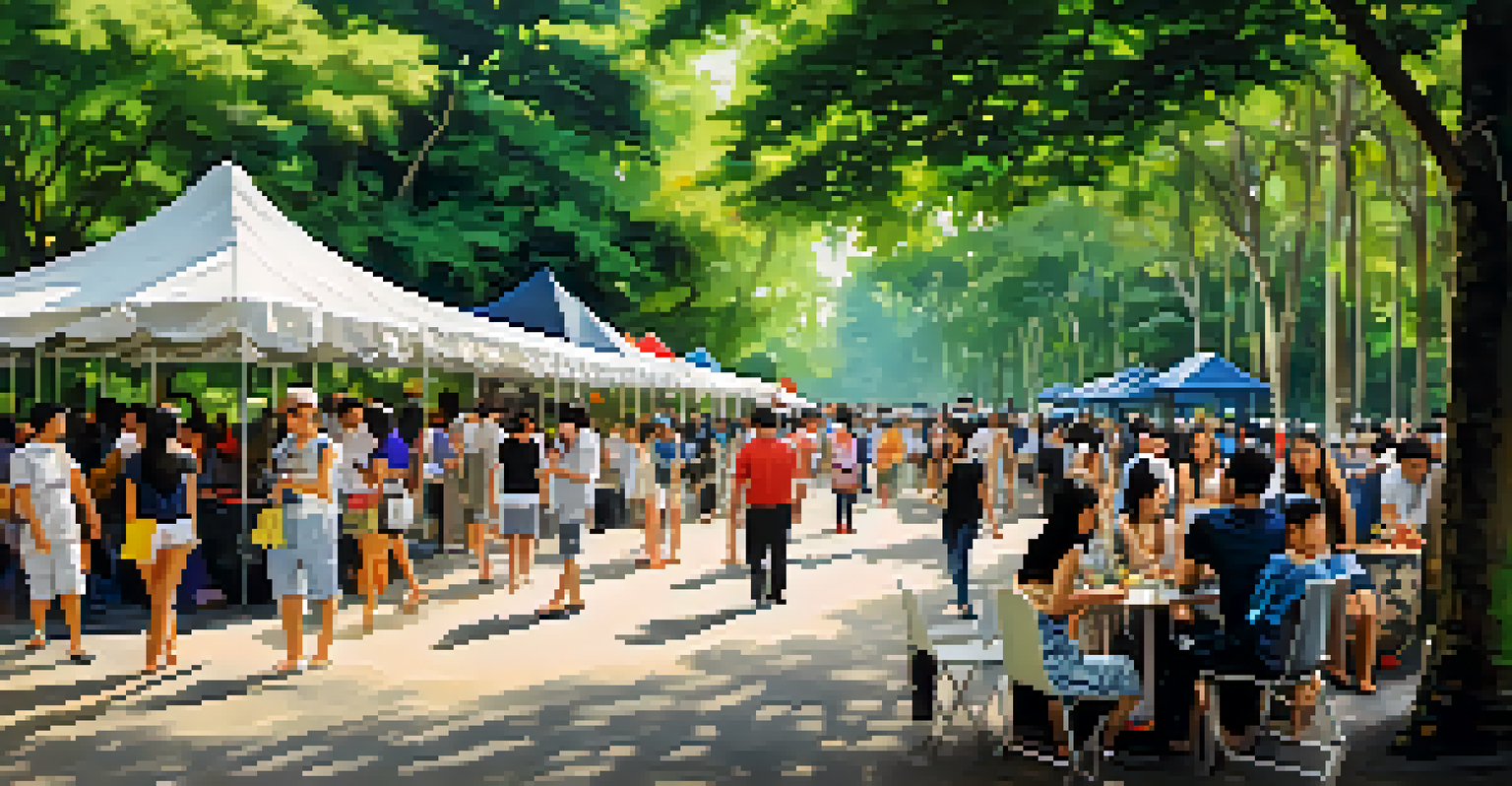 Visitors enjoying Bangkok's 'Art in the Park' event with artists displaying artworks amidst lush trees and lively performances.