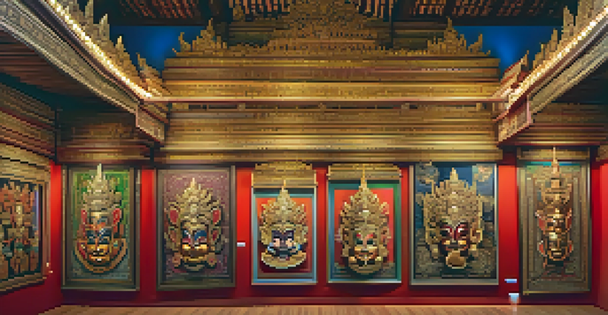 A traditional Thai art gallery featuring 'khon' masks and colorful murals, with visitors admiring the artwork under warm lighting.