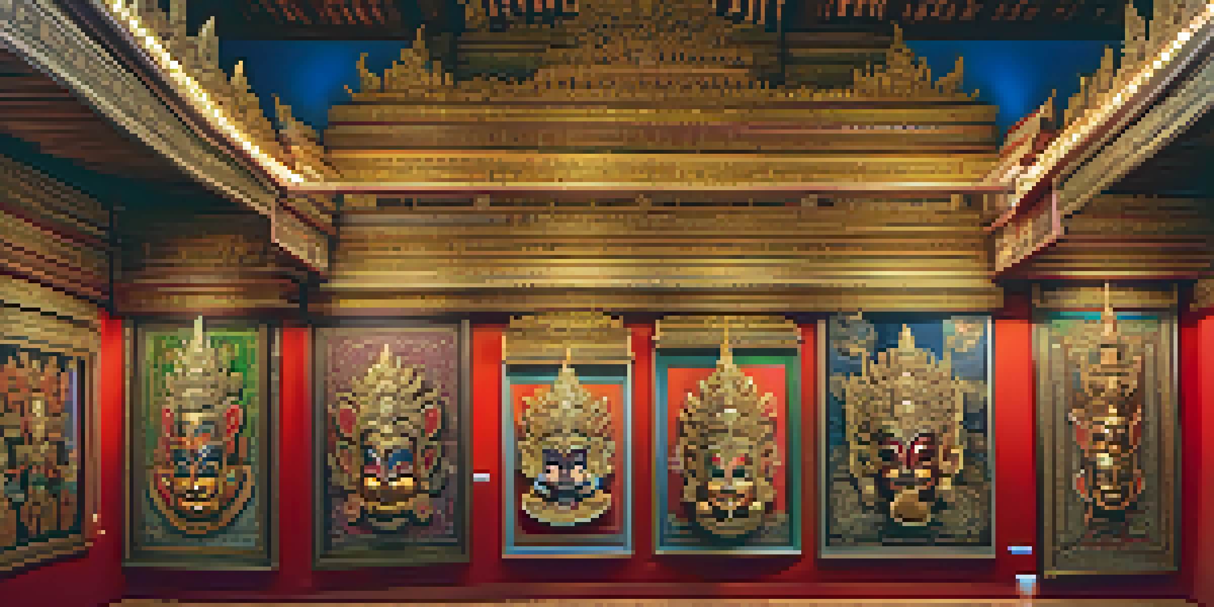 A traditional Thai art gallery featuring 'khon' masks and colorful murals, with visitors admiring the artwork under warm lighting.