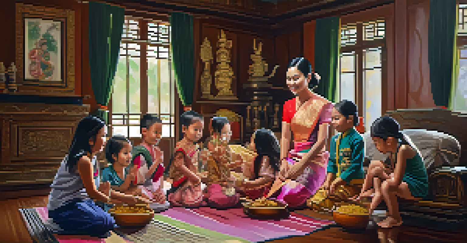 A family teaching traditional Thai dance in a cozy living room, with children learning from their grandparents.