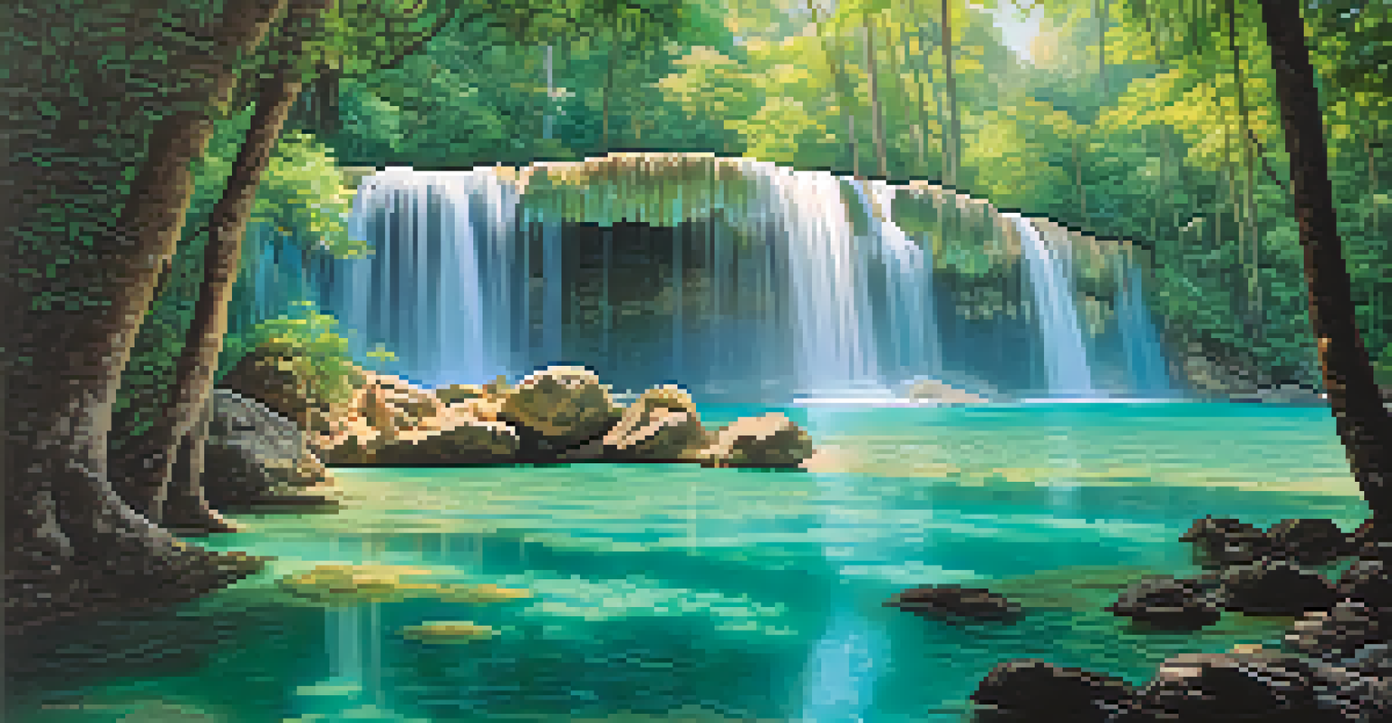 A picturesque view of Erawan Falls, featuring cascading waterfalls and turquoise pools amidst lush foliage with visitors swimming nearby.