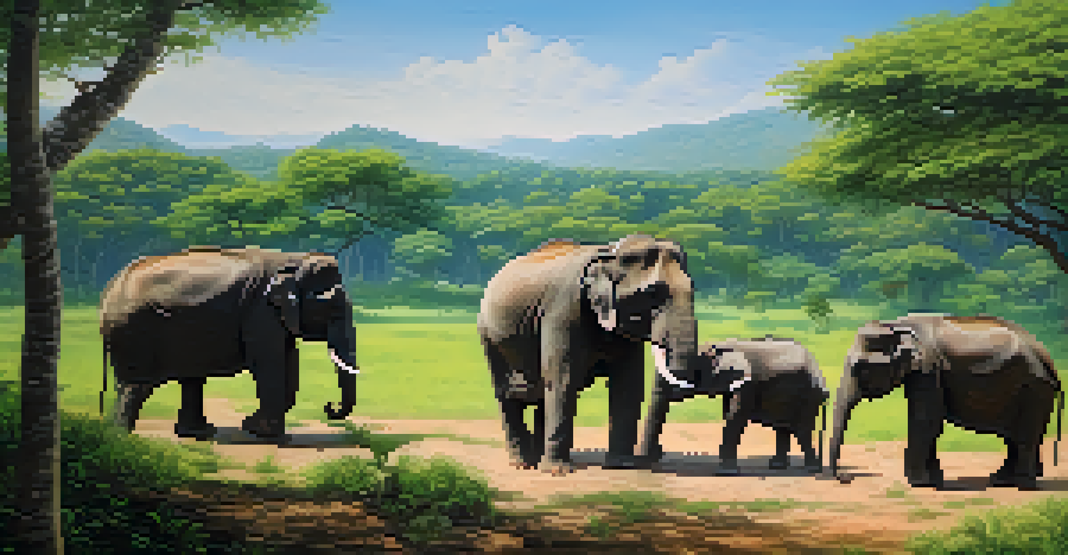 Rescued elephants in a natural setting at an ethical wildlife sanctuary in Thailand, with visitors observing from a distance.