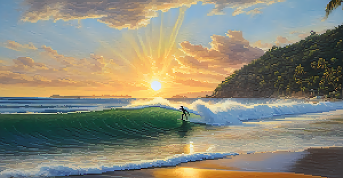 A surfer catching a wave at sunset at Kata Beach, with palm trees and a vibrant sky in the background.