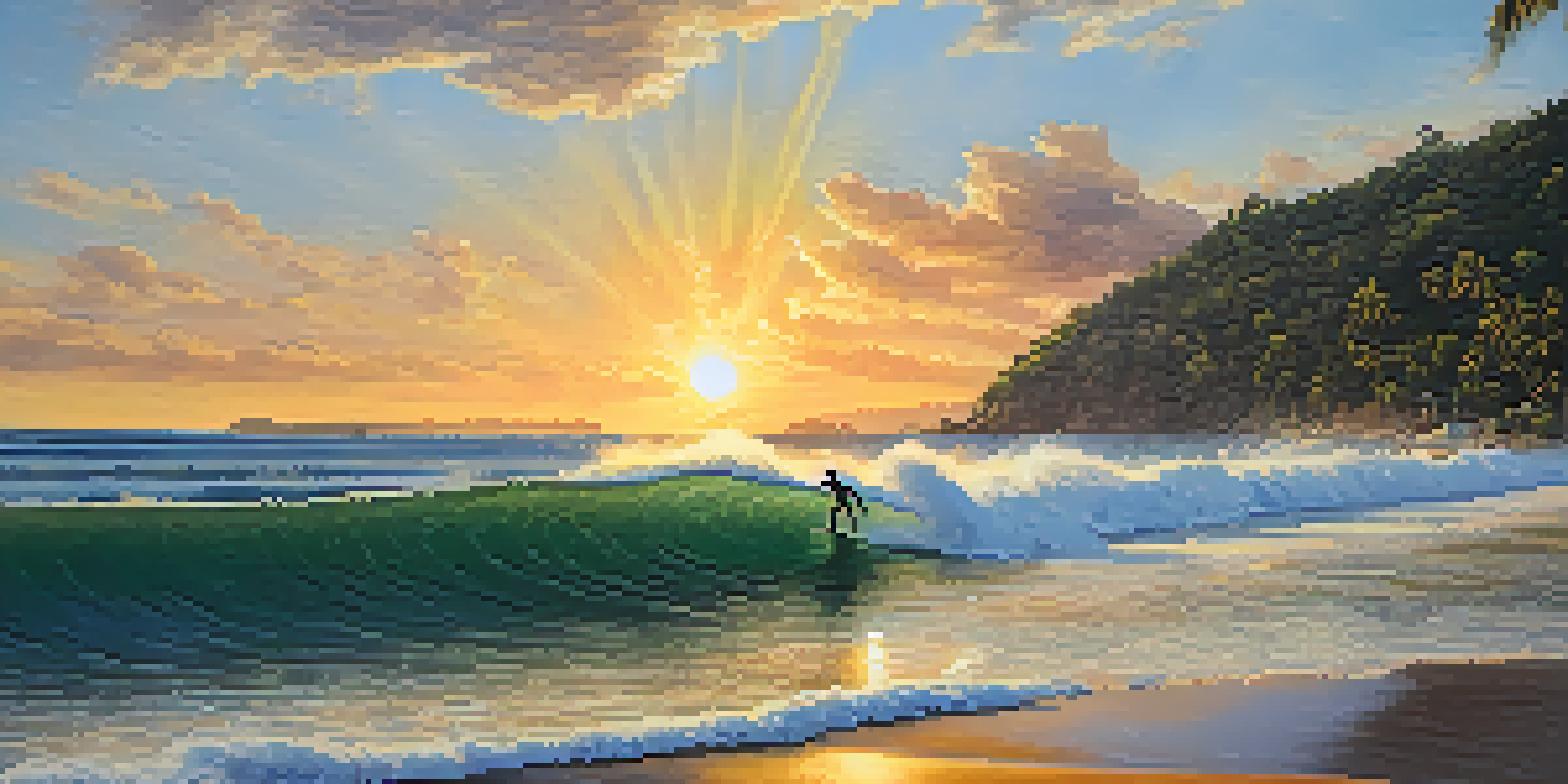 A surfer catching a wave at sunset at Kata Beach, with palm trees and a vibrant sky in the background.