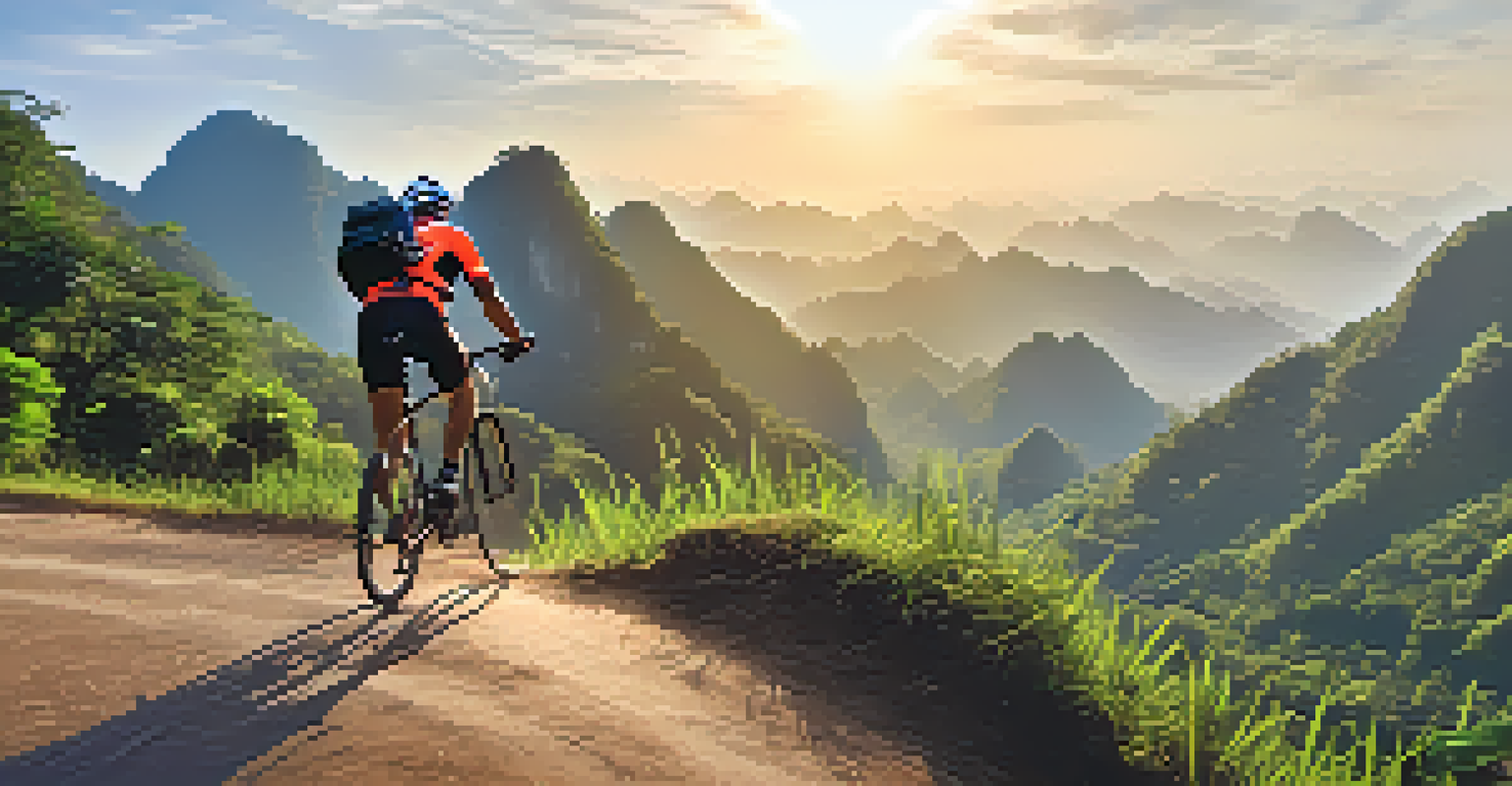 A cyclist riding on a mountainous trail in Thailand, with stunning views of hills and valleys in the background.