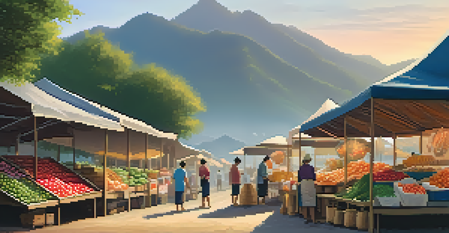 A peaceful Thai farmer's market at dawn with vendors setting up their stalls and early shoppers browsing fresh produce.