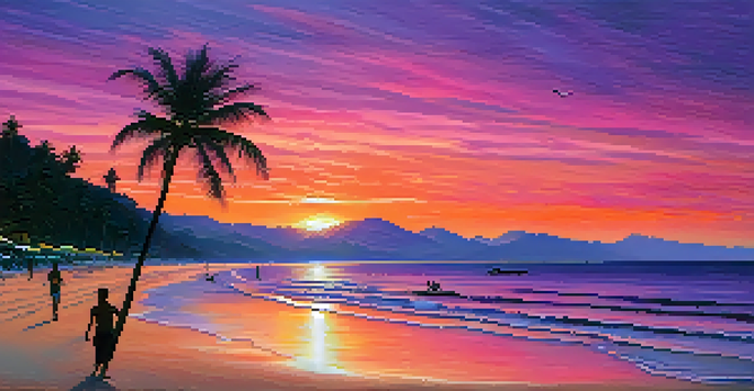 A sunset view over Patong Beach with colorful sky and silhouettes of palm trees.