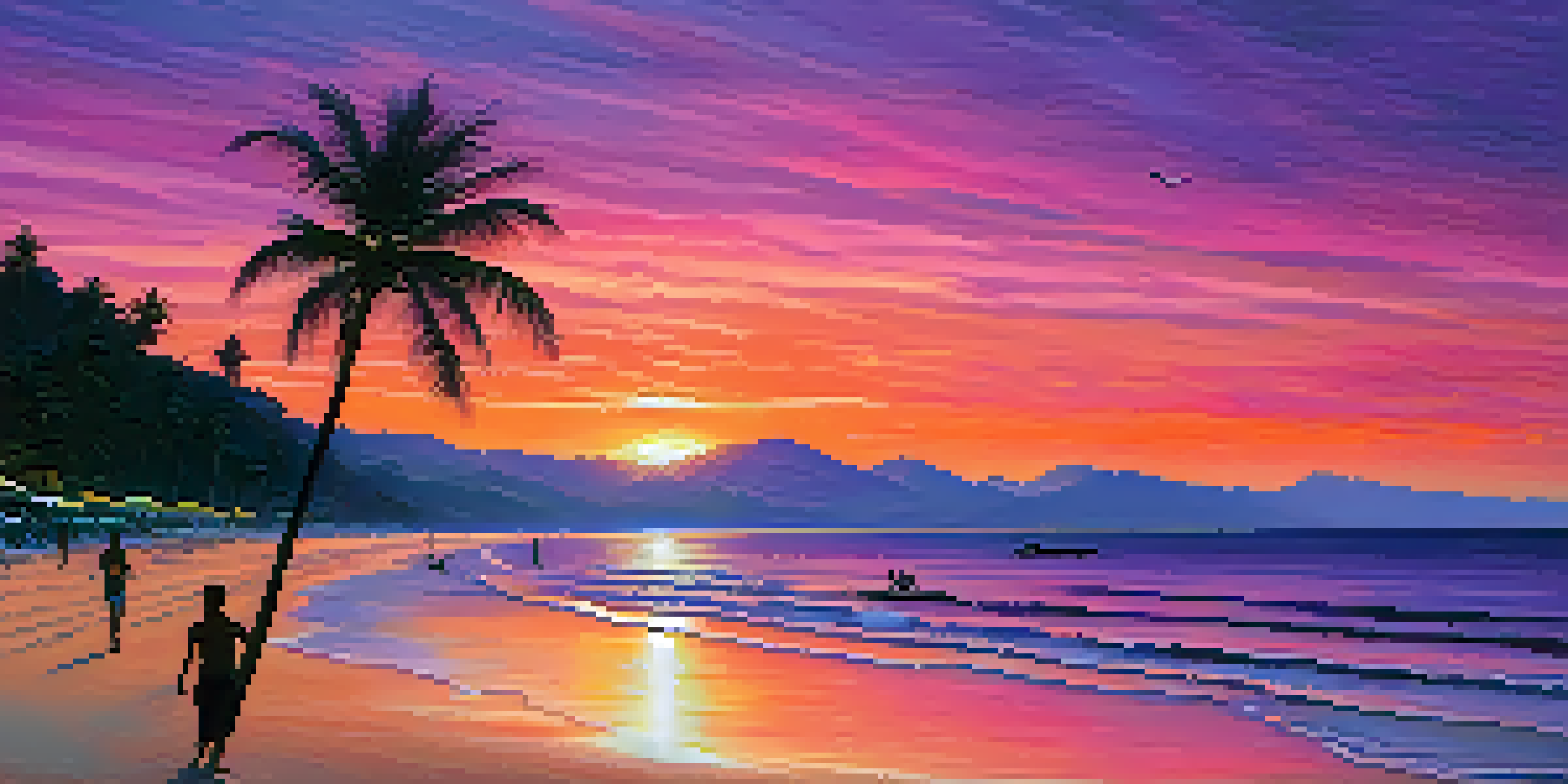 A sunset view over Patong Beach with colorful sky and silhouettes of palm trees.