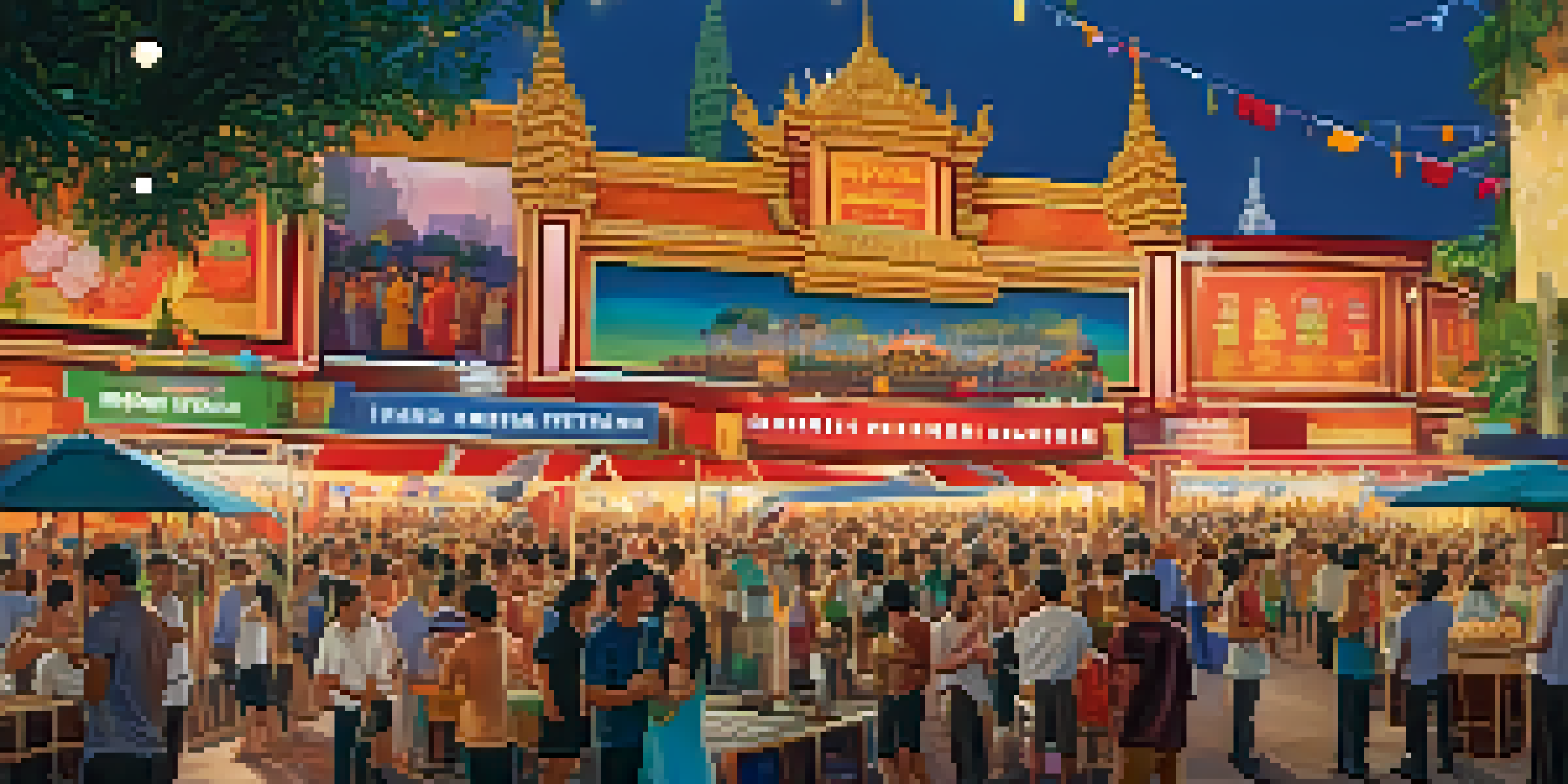 An outdoor scene from the Bangkok International Film Festival, filled with people watching films, colorful banners, and food stalls.