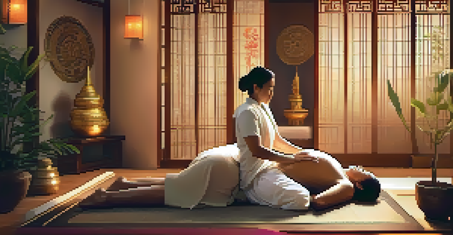 A peaceful Thai massage scene, depicting a practitioner working on a client in a tranquil environment, surrounded by traditional decorations.