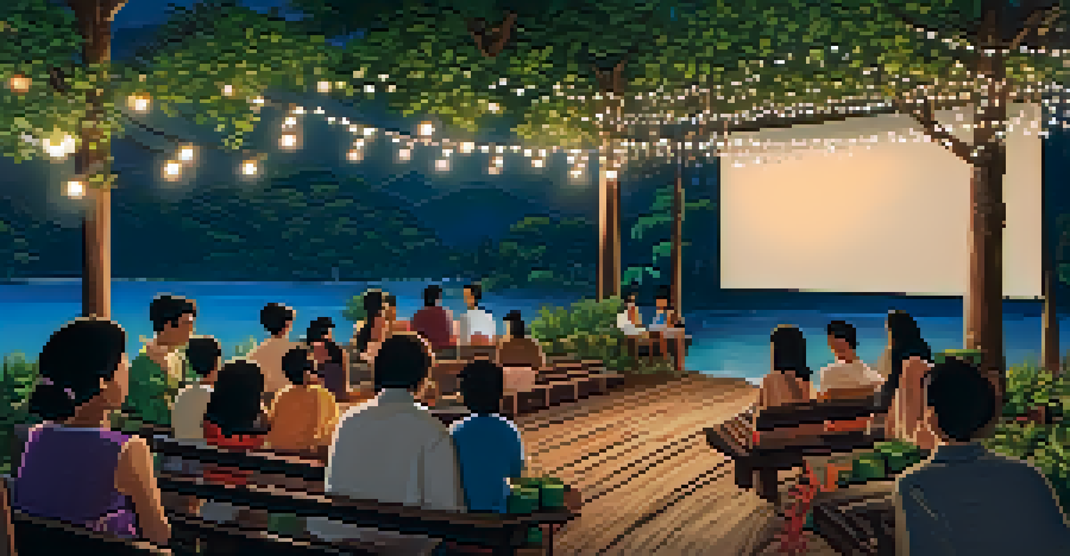 An outdoor film screening at a traditional Thai cinema setting, featuring attendees on wooden benches under twinkling lights in a lush garden.
