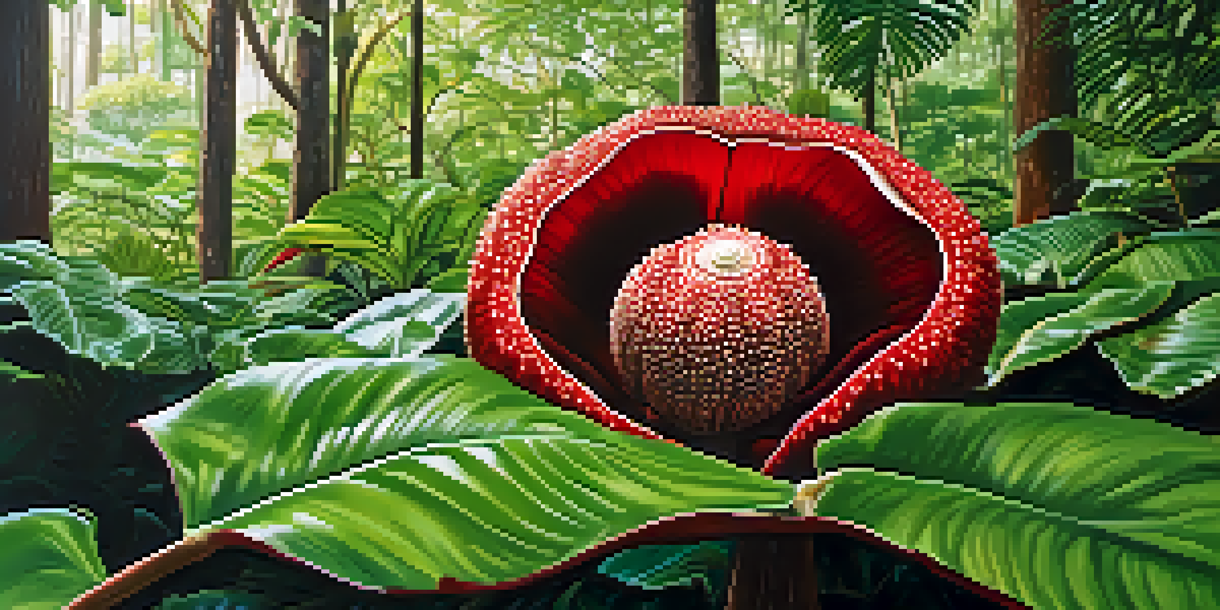A large Rafflesia arnoldii flower with red and white petals surrounded by green leaves and sunlight filtering through, highlighting its size and texture.
