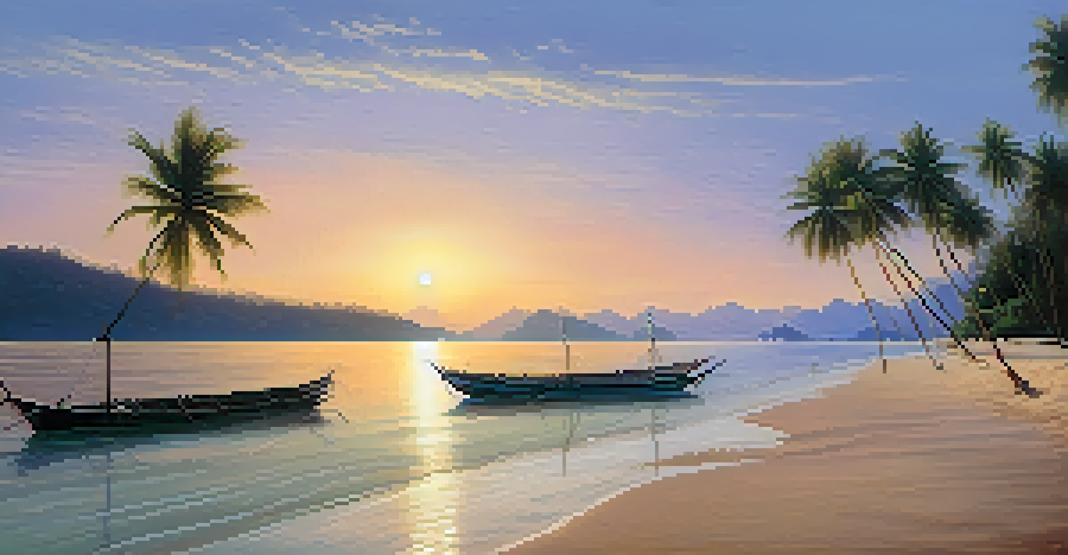 A beautiful golden hour view of Maenam Beach with sandy shores, coconut trees, and reflecting calm waters.