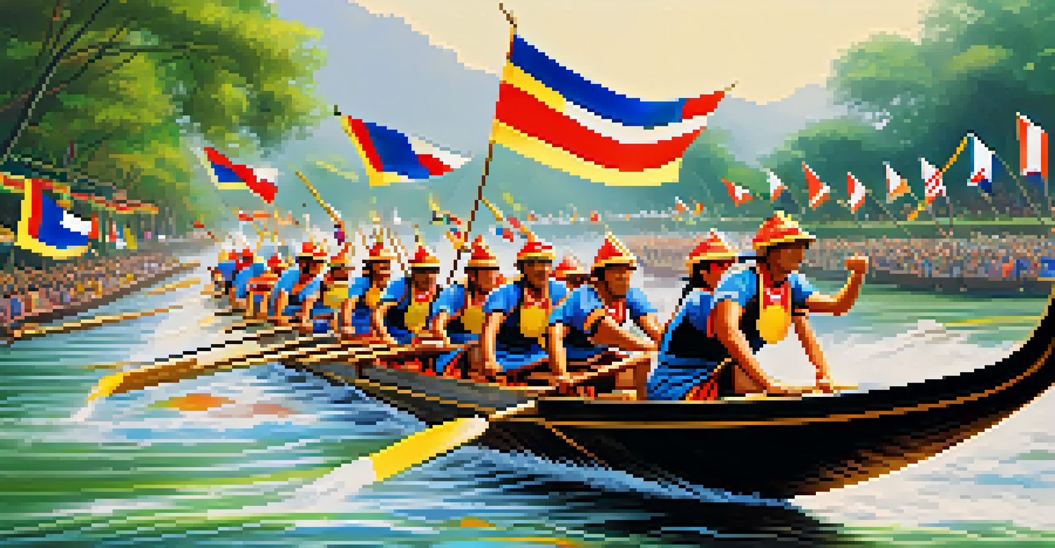 Traditional boat racing with decorated longboats and synchronized rowers on a river during a Thai festival, with cheering spectators and vibrant flags.