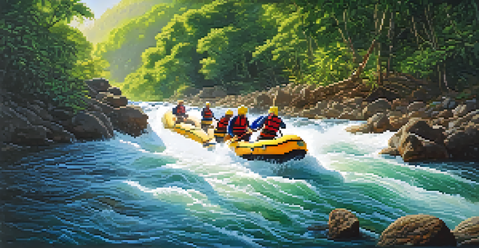 A group of adventurers in a raft navigating wild rapids in a lush jungle setting in Thailand.