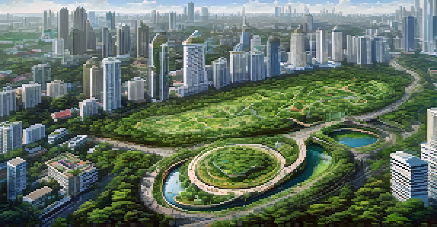 Aerial view of Bang Kachao ecological park in Bangkok, showing lush greenery and city skyline.