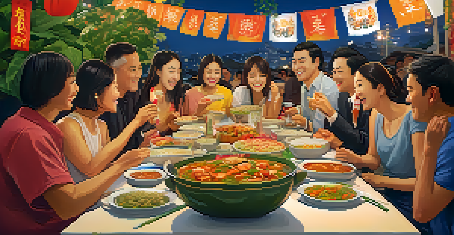 A diverse group of people sharing a meal at a community table during the Vegetarian Festival, surrounded by colorful decorations and a warm atmosphere.