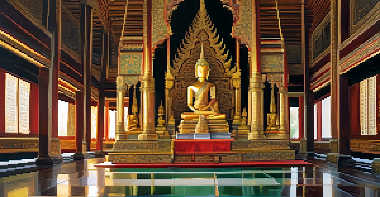 The interior of Wat Phra Kaew's ordination hall with the Emerald Buddha and colorful murals.