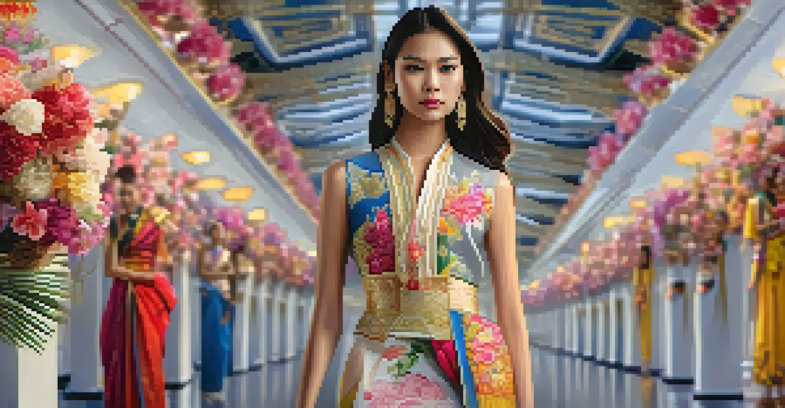 A young designer presenting a modern interpretation of traditional Thai dress on a fashion runway, surrounded by floral decorations.