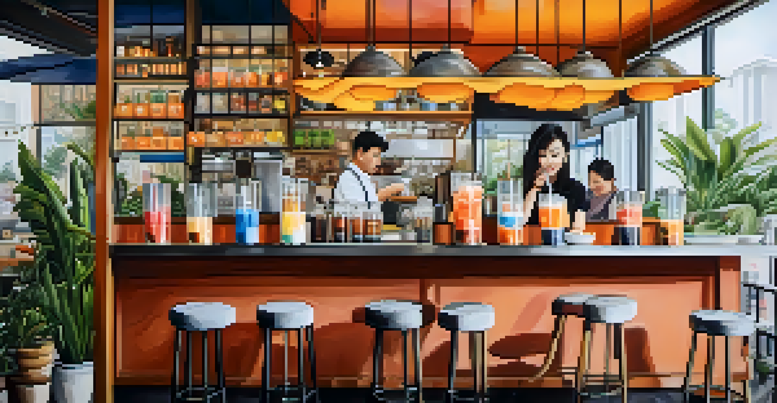 A modern café in Bangkok featuring colorful bubble tea variations on display, with contemporary decor and patrons enjoying their drinks.
