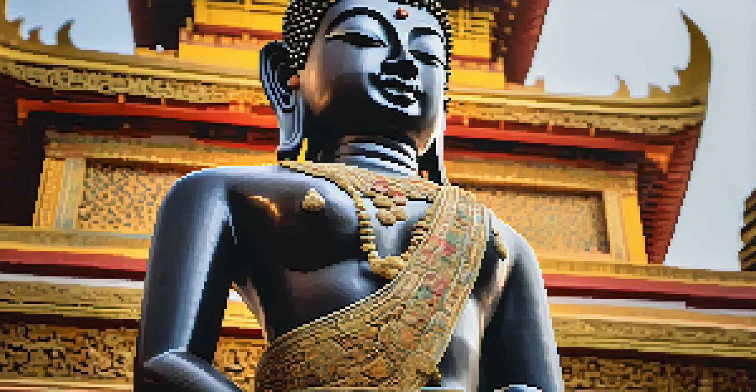 A detailed close-up of a Buddhist statue at Wat Saket with the golden chedi in the background.