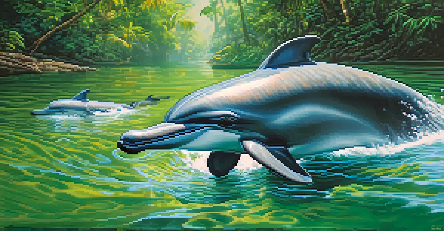 A family of river dolphins playfully swimming in a clear Thai river, with sunlight illuminating the water and lush greenery around them.