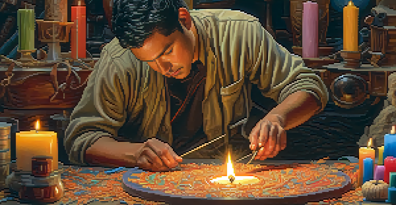 An artisan carefully carving intricate designs into a large candle, surrounded by tools and colorful candle decorations, showcasing the artistry of candle making.