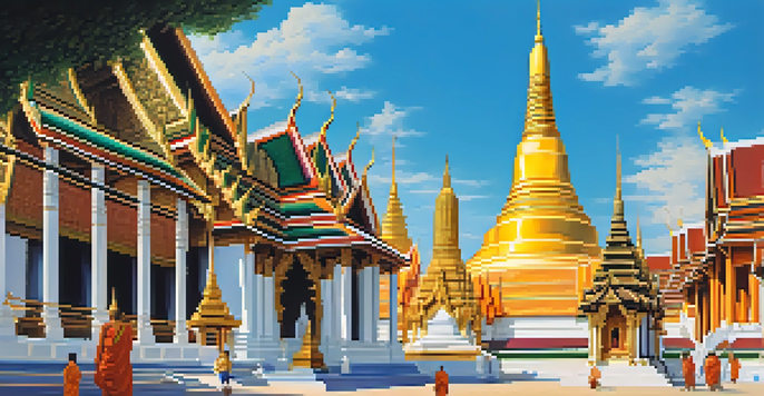 A vibrant view of Wat Phra Kaew with intricate architecture and golden stupas, filled with visitors and monks.