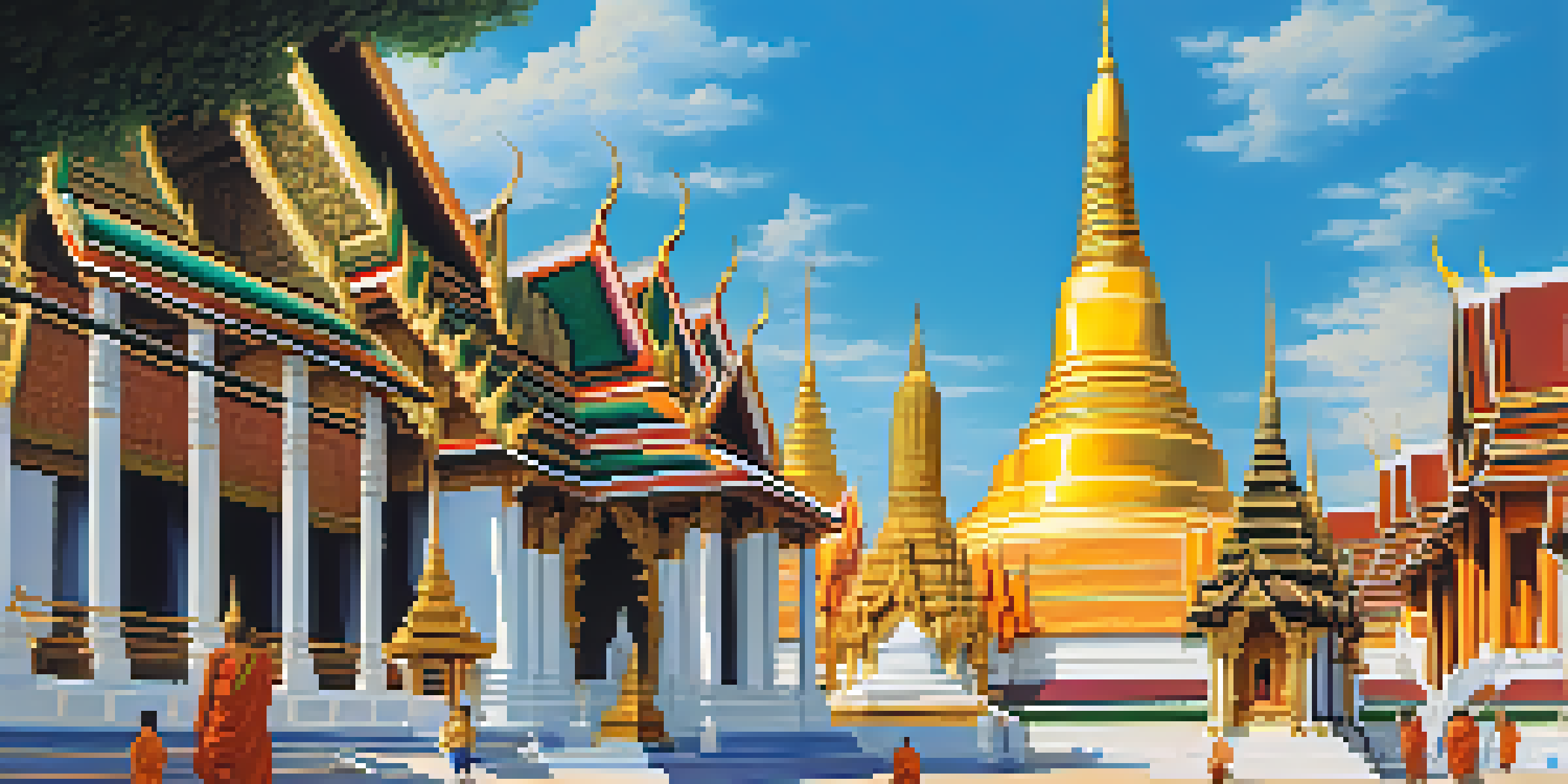 A vibrant view of Wat Phra Kaew with intricate architecture and golden stupas, filled with visitors and monks.
